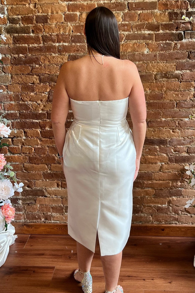 reception dress midi Leely Women White Jacquard Midi Wedding Reception Dress Strapless A Line Engagement Dress