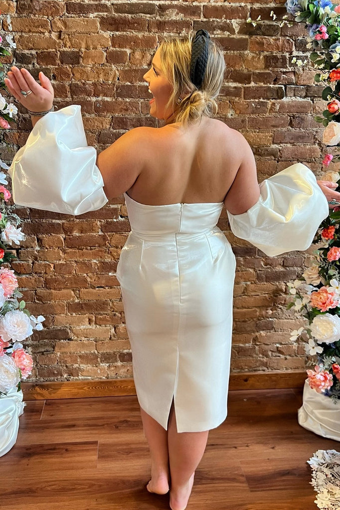 White Sweetheart Midi Reception Dress with Detachable Sleeves White Sweetheart Midi Reception Dress with Detachable Sleeves