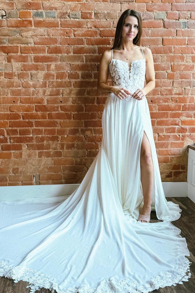 White Lace Chiffon Spaghetti Strap U Back Long Wedding Dress, Slit