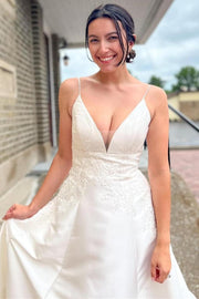 White V-Neck A-Line Long Wedding Dress with Appliques
