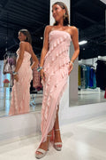 Strapless Ruffle Asymmetrical Pink Chiffon Maxi Dress with Slit