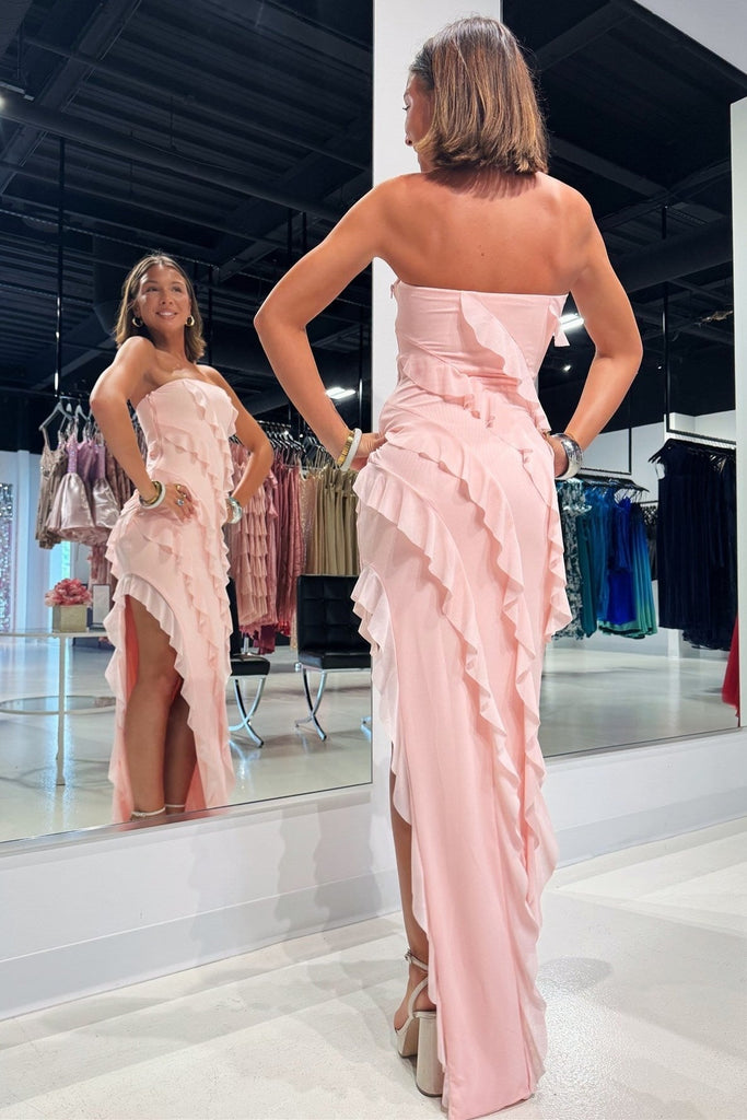 Strapless Ruffle Asymmetrical Pink Chiffon Maxi Dress with Slit