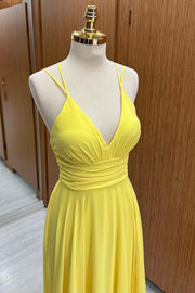 V-Neck Cross Back Chiffon Bridesmaid Dress in Yellow