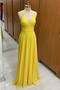 A-line V-Neck Cross Back Pleated Yellow Chiffon Bridesmaid Dress