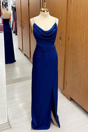 Blue Cowl Neck Sheath Maxi Dress with Slit