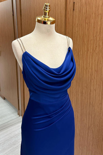 Blue Cowl Neck Sheath Maxi Dress with Slit