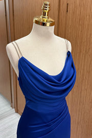 Blue Cowl Neck Sheath Maxi Dress with Slit