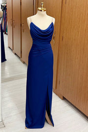 Blue Cowl Neck Sheath Maxi Dress with Slit