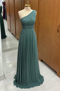 Dusty Sage One-Shoulder A-Line Chiffon Pleated Long Bridesmaid Dress
