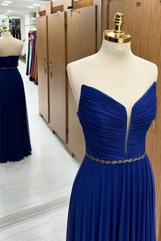 Blue Strapless Chiffon Wedding Guest Dress with Beaded Sash