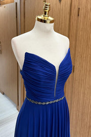 Blue Strapless Chiffon Wedding Guest Dress with Beaded Sash