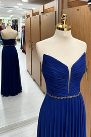 Blue Strapless Chiffon Wedding Guest Dress with Beaded Sash