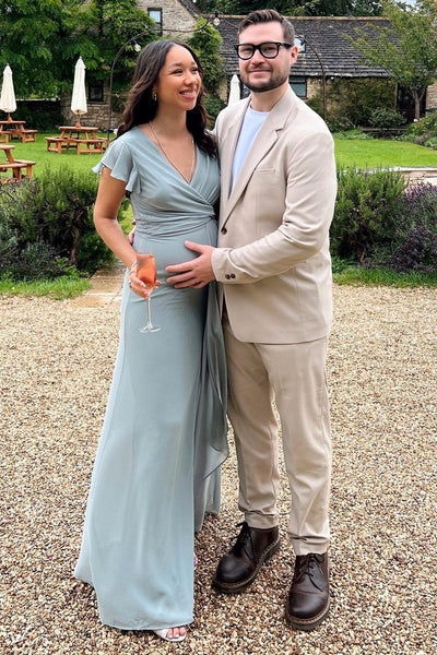 Blue Surplice Chiffon Bridesmaid Dress with Flared Sleeves