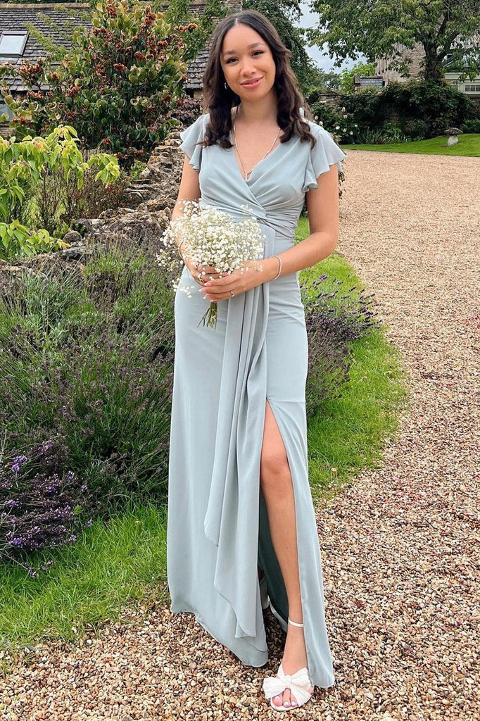 Dusty Blue Surplice Flared Sleeves Chiffon Bridesmaid Dress