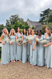Blue Surplice Chiffon Bridesmaid Dress with Flared Sleeves