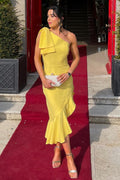 One-Shoulder Yellow Mermaid Midi Wedding Guest Dress, Bow