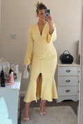 Yellow V-Neck Button-Up Tea Length Mermaid Wedding Guest Dress
