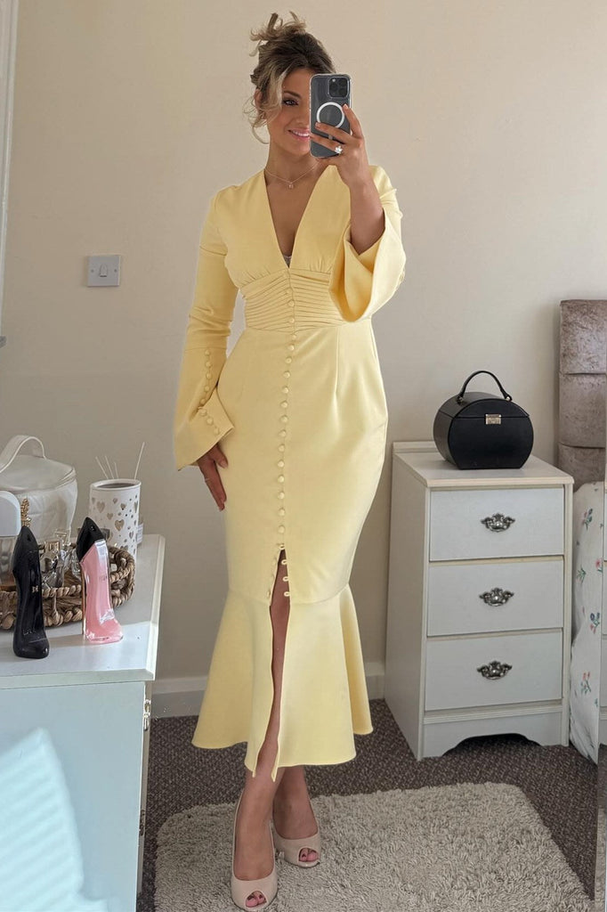 Yellow V-Neck Button-Up Tea Length Mermaid Wedding Guest Dress Yellow V-Neck Button-Up Tea Length Mermaid Wedding Guest Dress