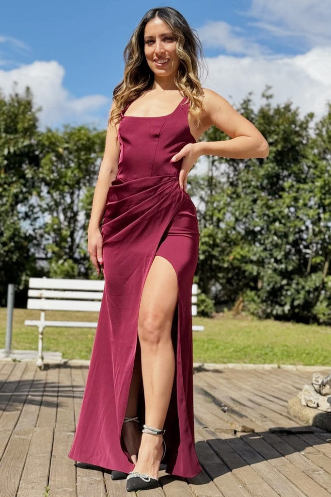 Burgundy Square Neck Sleeveless Cutout Back Ruched Maxi Dress