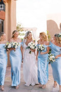 Blue Sheath Off-Shoulder Satin Bow Pleated Long Bridesmaid Dress