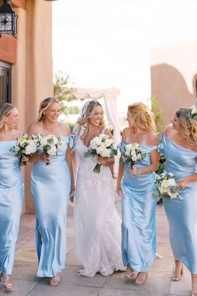 Blue Sheath Off-Shoulder Satin Bow Pleated Long Bridesmaid Dress