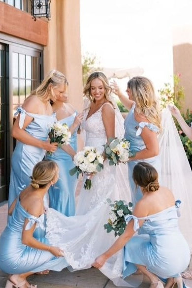 Blue Sheath Off-Shoulder Satin Bow Pleated Long Bridesmaid Dress
