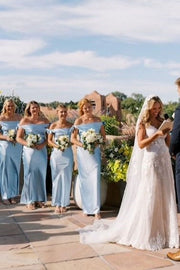 Blue Sheath Off-Shoulder Satin Bow Pleated Long Bridesmaid Dress