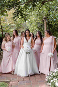 Pink One Shoulder Draping A-Line Satin Long Bridesmaid Dress, Slit