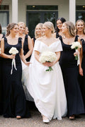 Black Straps Scoop Mermaid Satin Pleats Long Bridesmaid Dress, Bows