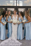 Spaghetti Straps Blue Satin Pleats Slit Long Bridesmaid Dress, Bow
