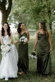 Cowl Neck Spaghetti Straps Satin Pleated Long Dress