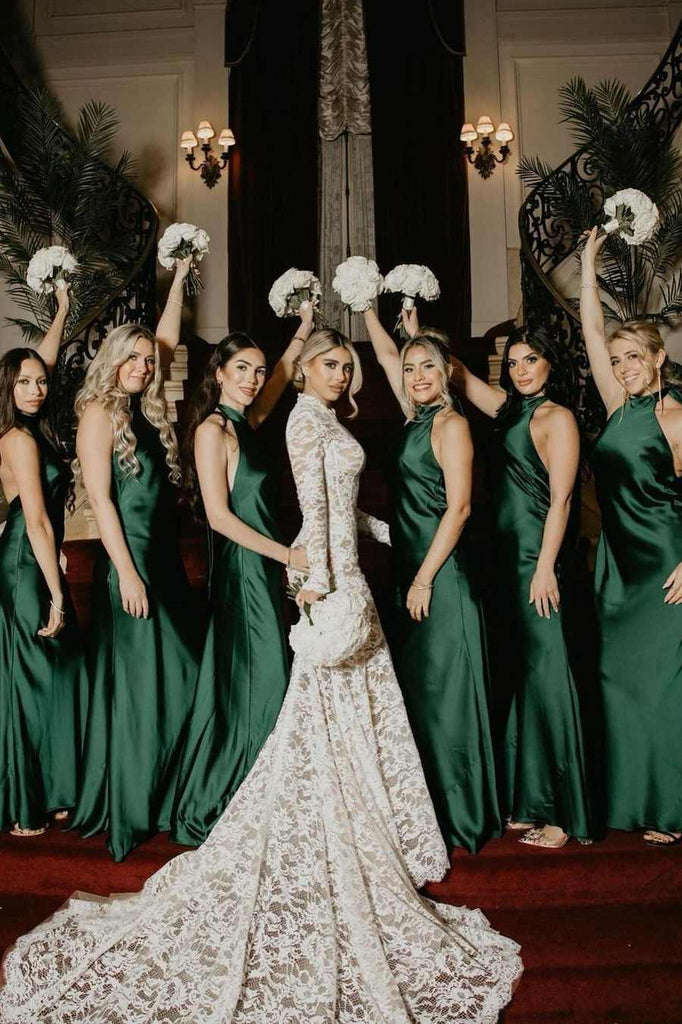 Halter Green Satin Pleated Sleeveless Long Bridesmaid Dress - Princessly Halter Green Satin Pleated Sleeveless Long Bridesmaid Dress - Princessly