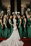 Halter Green Satin Pleated Sleeveless Long Bridesmaid Dress
