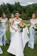 Straps Bows Pleats Satin Sleeveless Long Bridesmaid Dress with Slit