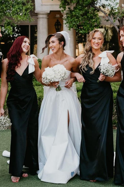 Black V-Neck Spaghetti Straps Satin Long Dress with Bow