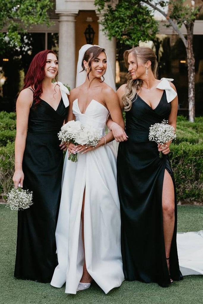 Black V-Neck Spaghetti Straps Satin Long Bridesmaid Dress with Bow Black V-Neck Spaghetti Straps Satin Long Bridesmaid Dress with Bow