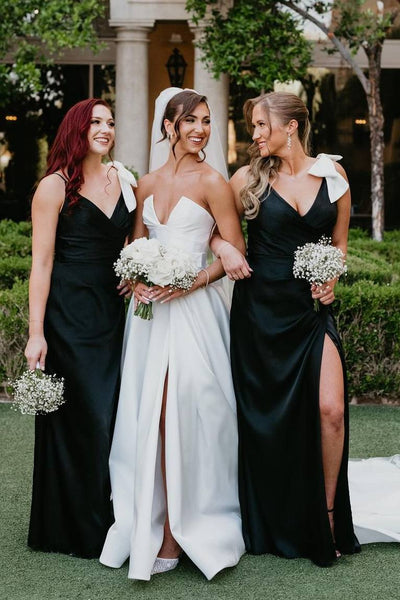 Black V-Neck Spaghetti Straps Satin Long Dress with Bow