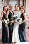 Black Straps Cowl Neck Satin Sleeveless Long Bridesmaid Dress