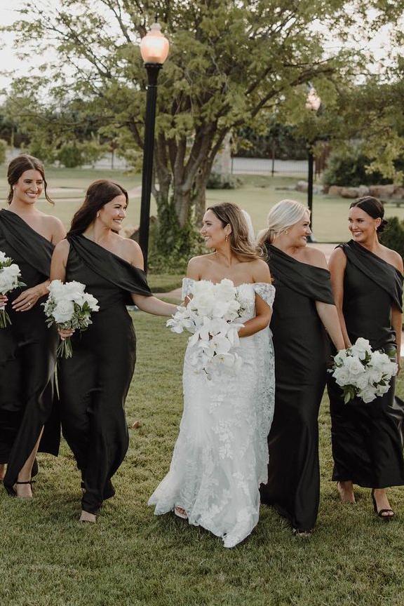 one shoulder long black bridesmaid dresses One Shoulder Black Satin Nernaid Cheap Side Slit Long Custom Bridesmaid Dresses , MRB0060