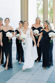 Black Off-Shoulder Side Slit V-Neck Chiffon Long Dress