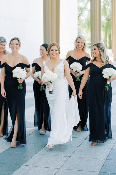 Black Off-Shoulder Side Slit V-Neck Chiffon Long Dress