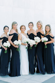 Black Off-Shoulder Side Slit V-Neck Chiffon Long Dress