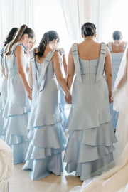 Light Blue Straps with Bows Mermaid Satin Tiered Long Dress