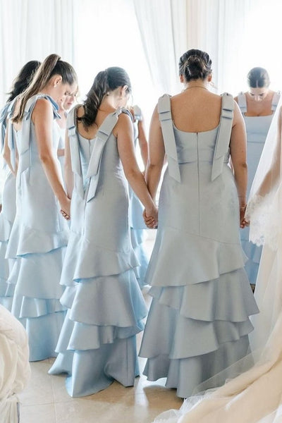 Light Blue Straps with Bows Mermaid Satin Tiered Long Dress