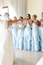 Light Blue Straps with Bows Mermaid Satin Tiered Long Dress