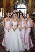 Pink Straps Square Satin Sleeveless Long Bridesmaid Dress with Bows
