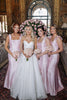 Langes ärmelloses Satin-Brautjungfernkleid in Pink mit eckigem Ausschnitt, Trägern und Schleifen