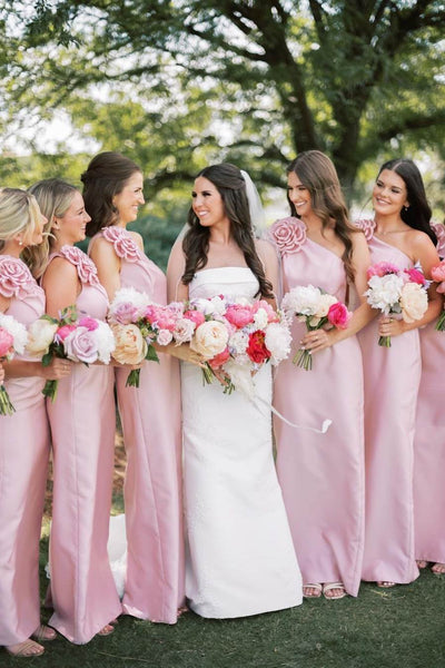 Pink One Shoulder Flower Sleeveless Satin Long Dress