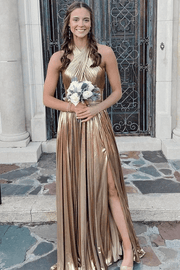 A-Line Pleated Metallic Sleeveless Long Formal Dress