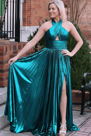 A-Line Pleated Metallic Sleeveless Long Formal Dress